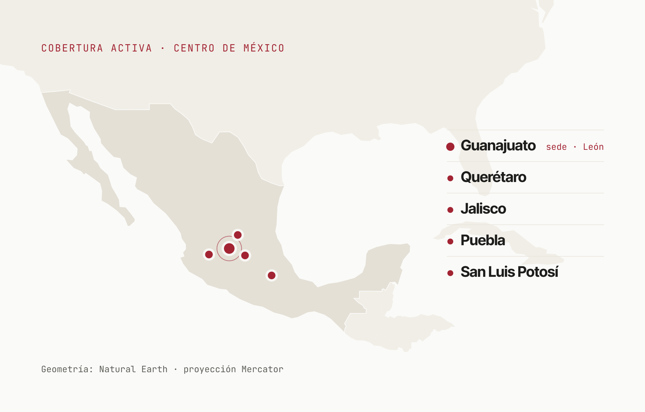 Mapa de cobertura de COVACE: Guanajuato (sede, León), Querétaro, Jalisco, Puebla y San Luis Potosí